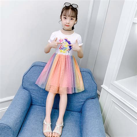 Girls Beautiful Unicorn Barbie Princess Rainbow Tutu Dress Baju Raya