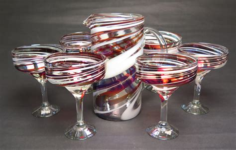Red And White Swirl Pitcher With Six Margarita Glasses Eye4art Handmade Drinking Glasses