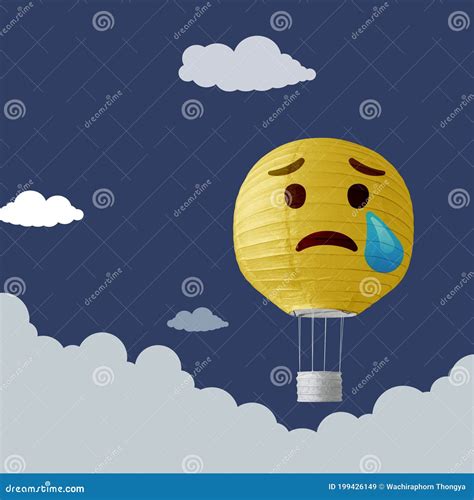 Crying Emoticon Hot Air Balloon Flying With Clouds On Sky Traveling