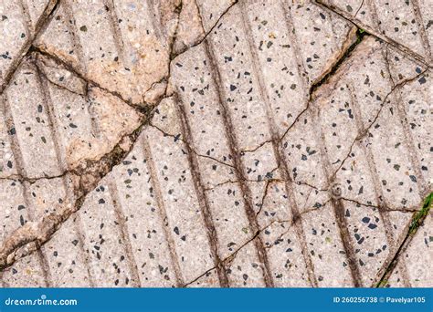 Broken Damaged Pavement With Cracks Deformed Street Tiles Stock Photo