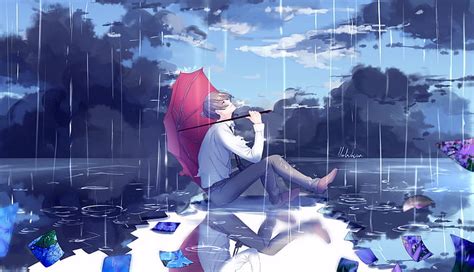 Hd Wallpaper Comic Art Animation Anime Boys Umbrella Rain