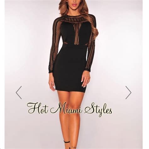 Hot Miami Styles Dresses Black Net Long Sleeve Dress Hot Miami