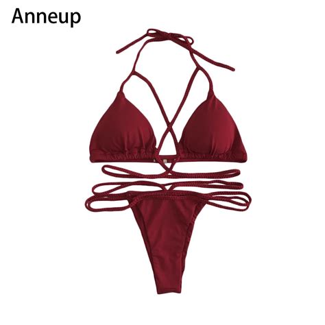 Anneup 2017 Solid Bandage Bikini Set Sexy Thong Bottom Swimsuit Women