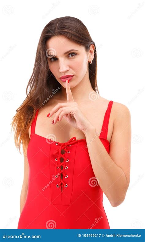 The Girl Put Her Index Finger To Her Lips On A White Isolated Background Stock Image Image Of