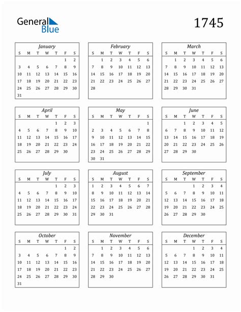 1745 Blank Yearly Calendar Printable