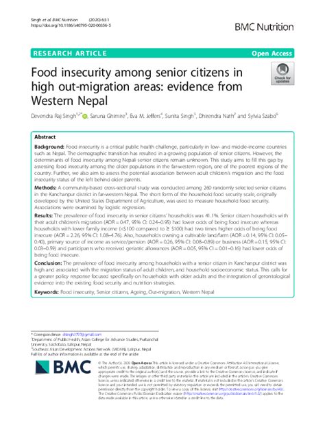 Pdf Food Insecurity Among Senior Citizens In High Out Migration Areas