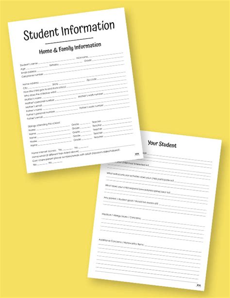 Student Information Sheets 10 Free Printables Printabulls