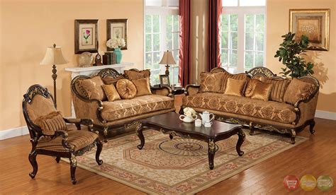 The living room set here consists of two sofas and two checked matching armchairs. Patricia Traditional Dark Wood Formal Living Room Sets ...