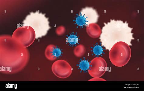 Virus Particles In Bloodstream With Red And White Blood Cells Stock