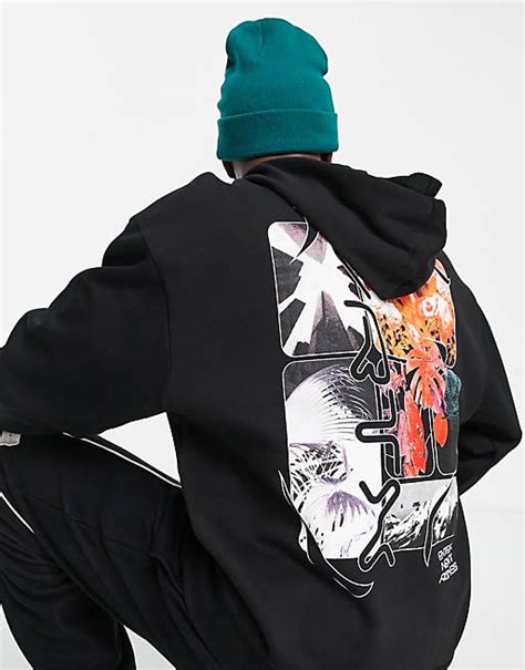 Asos Design Oversized Hoodie In Black With Multi Placement Photographic