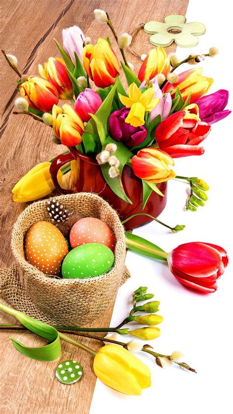 Happy Easter Eggs Tulips Hd Phone Wallpaper Peakpx
