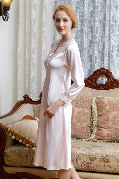 Women Sleepwear Sexy Silk Nightgown Lace Nightwear Long Sleeve Robe Slim Lingerie From