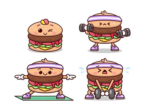 Premium Vector Cute Burger Cartoon Character Are Doing Exercise High