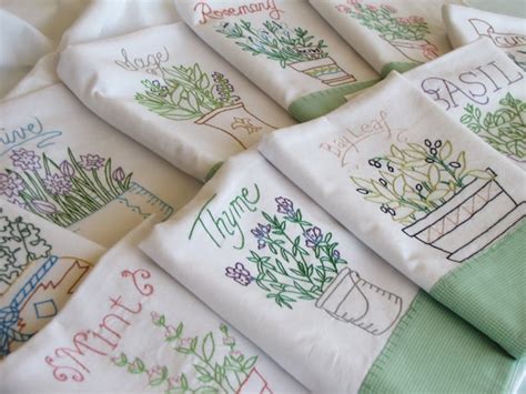 10 Herb Tea Towel Set Kitchen Flour Sack Embroidered Garden