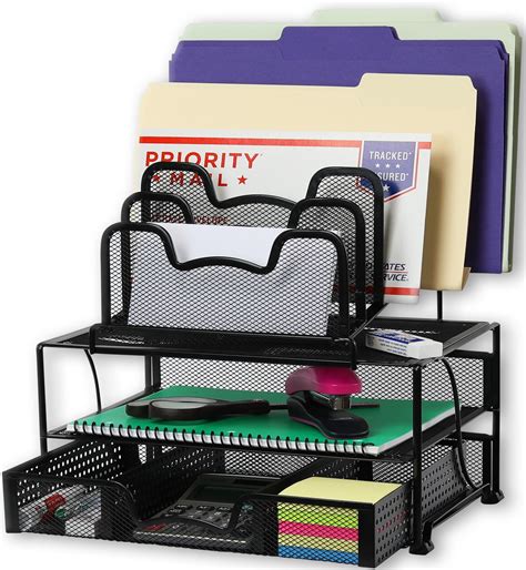 Simple Houseware Mesh Desk Organizer With Sliding Drawer Double Tray