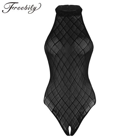 Erotic Sexy Lingerie For Womens Open Crotch Black See Through Bodystocking Bodysuit High Cut