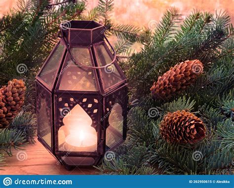 Christmas Lantern And Spruce Branches With Cones Stock Image Image Of