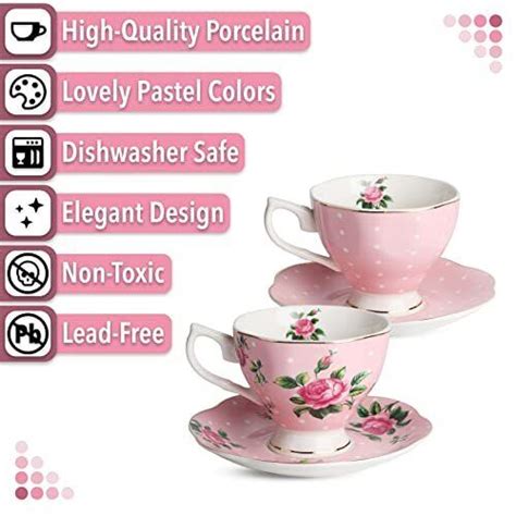 Btät Floral Tea Cups and Saucers Set of 2 Pink 8 Oz With Gold Trim