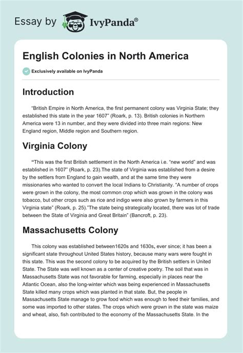 English Colonies In North America 530 Words Essay Example