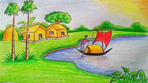 How To Draw A Easy Scenery Of Village At Drawing Tutorials
