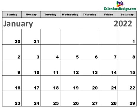 January 2022 Calendar Word Document