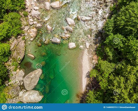 Valle Verzasca Aerial View Of Clear And Turquoise Water Stream And