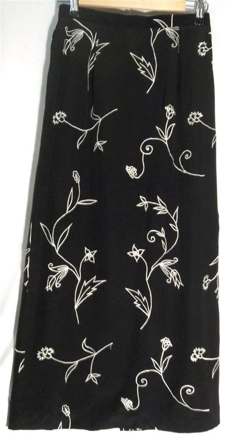 Talbots 100 Silk Long Black Straight Skirt Ivory Embroidered Floral