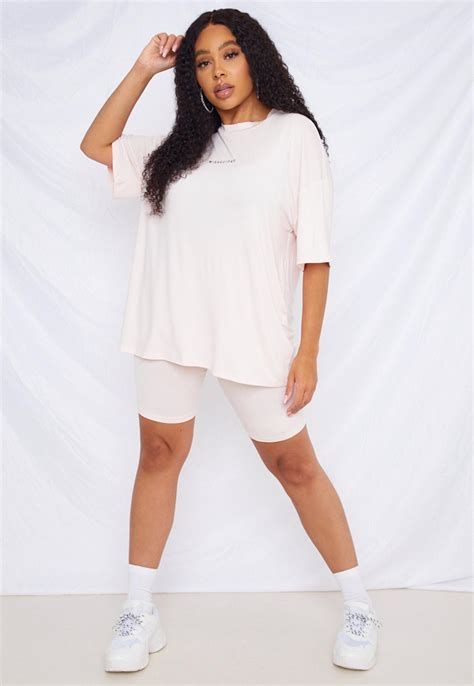Plus Size Pink Missguided T Shirt And Biker Shorts Co Ord
