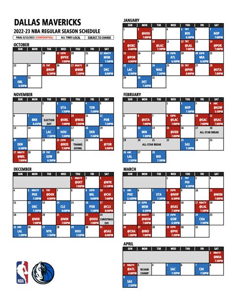 Dallas Mavericks Printable Schedule For 2023 2024 Football Pick Sheets