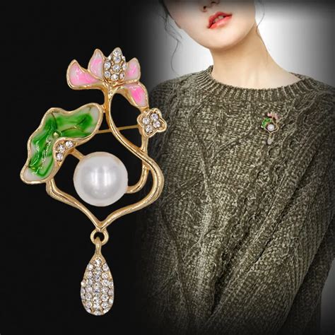 Chinese Style Enamel Lotus Flower Brooch Metal Leaf Women Pearl Fashion