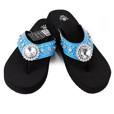 Women Western Rhinestone Bling Concho Flip Flops Sandals Ssmall Turquoise Womens Shoes