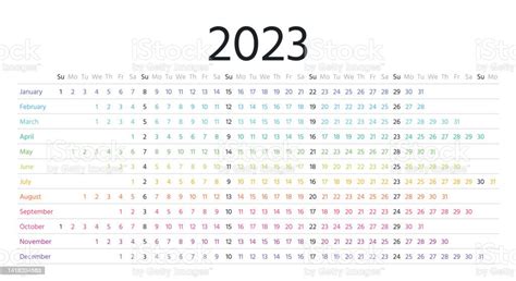 Linear Calendar For 2023 Year Vector Illustration Yearly Grid Of