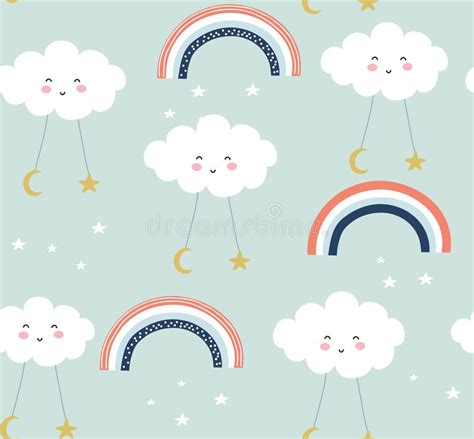 Seamless Pattern With Cute Clouds And Rainbows Vector Illustration