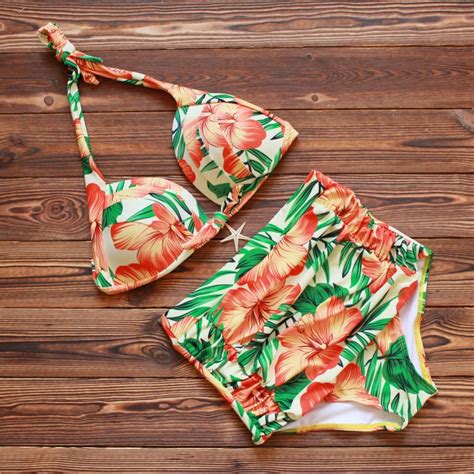 nidalee floral print swimsuit brazilian bikini set bathing suit halter push up women swimwear