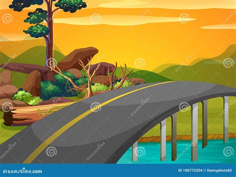 Scene With Bridge Across The River At Sunset Stock Vector