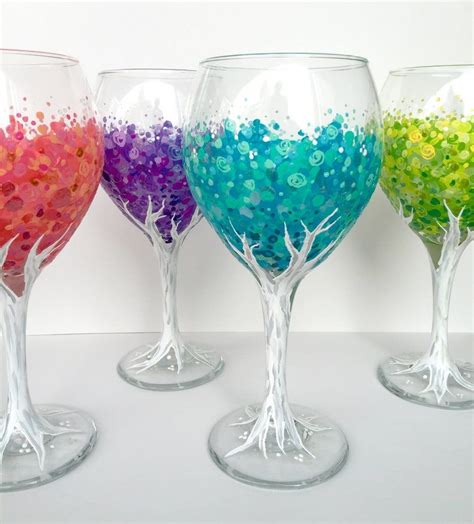 Blossoming Tree Wineglass Set Of 4 Hand Painted 20oz Glasses Wine Glass Designs Wine Glass