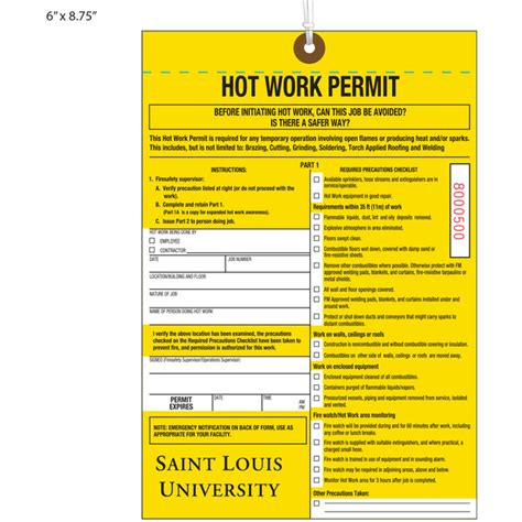 Custom Printed Hot Work Permit Hang Tags St Louis Tag