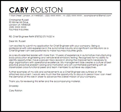 Chief financial officer cover letter sample 2 dear mr jackson cover letter sample i am pleased to forward my resume in application to the advertisement for the role of chief financial officer that you posted in the job portal (mention the source for the job vacancy). Chief Engineer Cover Letter Sample | LiveCareer