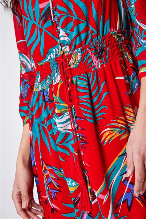 Red Tropical Print Belted Maxi Dress Roman Uk