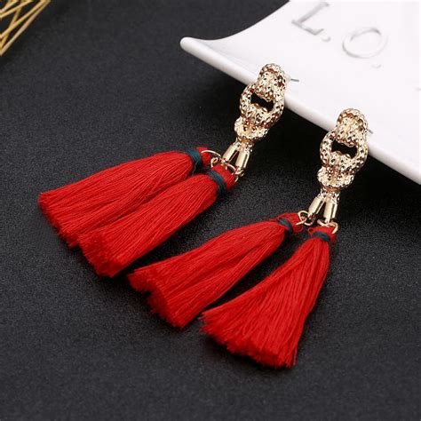 Bohemian Red Long Tassel Earrings Handmade Drops Pendant For Women