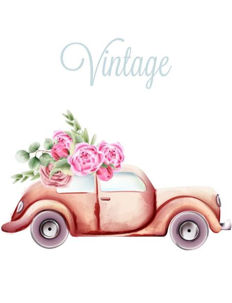 Vintage Pink Car With Rose Flowers And Green Leaves On The Roof Pink