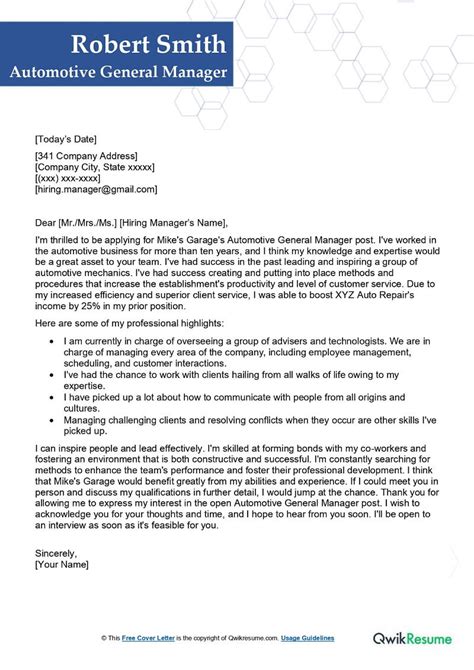 Automotive General Manager Cover Letter Examples Qwikresume