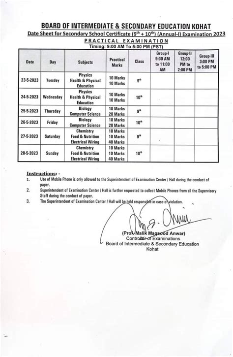 Bise Kohat Board 9th Date Sheet 2024 1st Annual Exam 2024