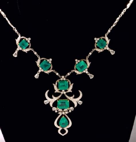 Victorian Era 18k Diamond Emerald Necklace Emerald Necklace Metal Jewelry Necklace