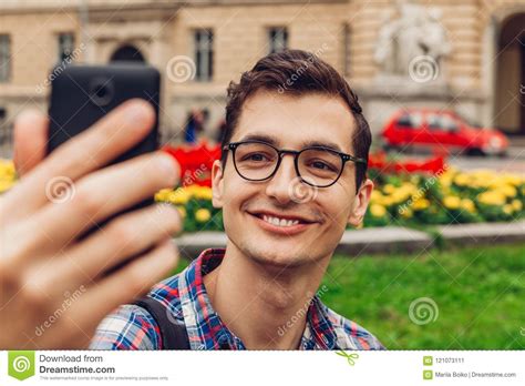 Handsome College Man Taking Selfie In Spring Campus Park Happy Guy