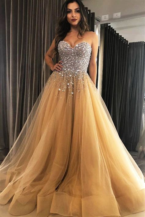 Sweetheart Neck Sequins Beaded Champagne Long Prom Dress Sequins Cham Abcprom