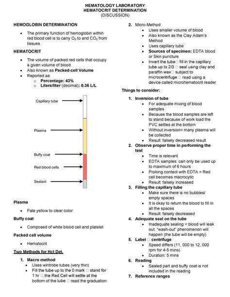 Hematology Laboratory Hemoglobin And Hematocrit Determination