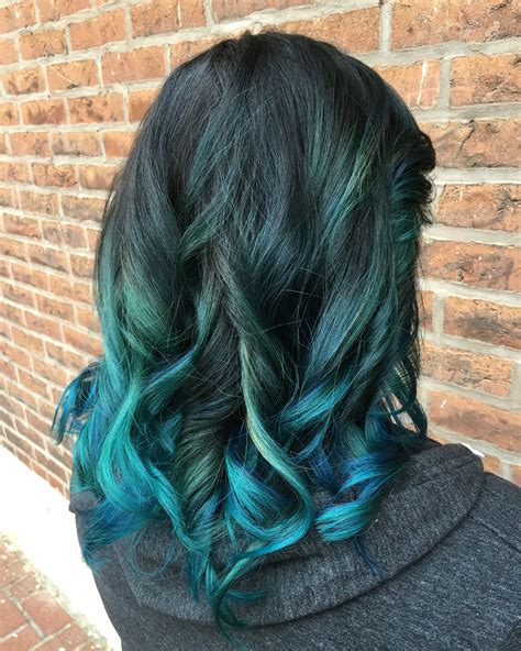 Bluegreen Hair Painting With A Stretched Black Root Blue Green Hair