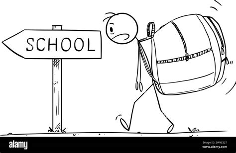 Kid Or Schoolboy With Heavy Bag Or Backpack Walking To School Vector