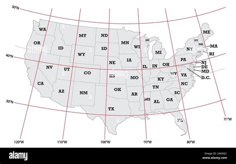 Administrative Map United States With Latitude And Longitude Stock